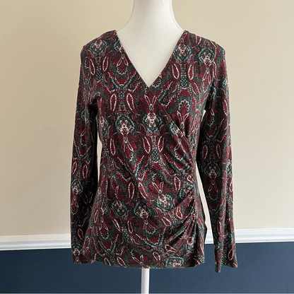 Talbots Faux Wrap Jewel Tone V-Neck Blouse Size Small Long Sleeve Paisley
