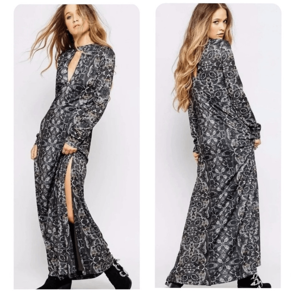 Free People Cabaret Paisley Floral Whimsical Cutout Maxi Long Sleeve Dress M