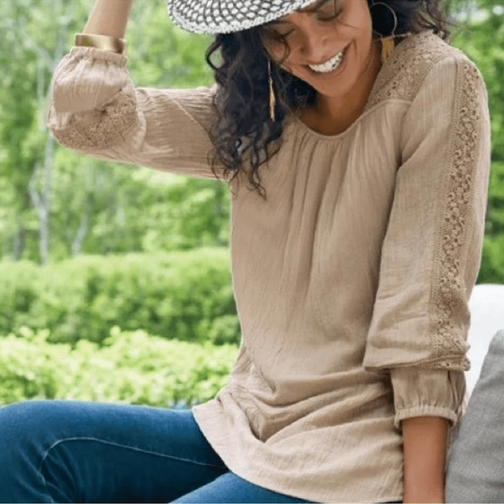 Soft Surroundings Asilah Boho Peasant Blouse in Sand Dune NEW Size Large Tan