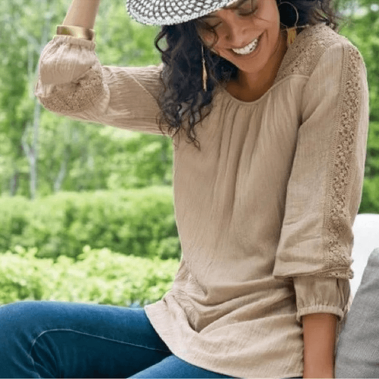 Soft Surroundings Asilah Boho Peasant Blouse in Sand Dune NEW Size Large Tan