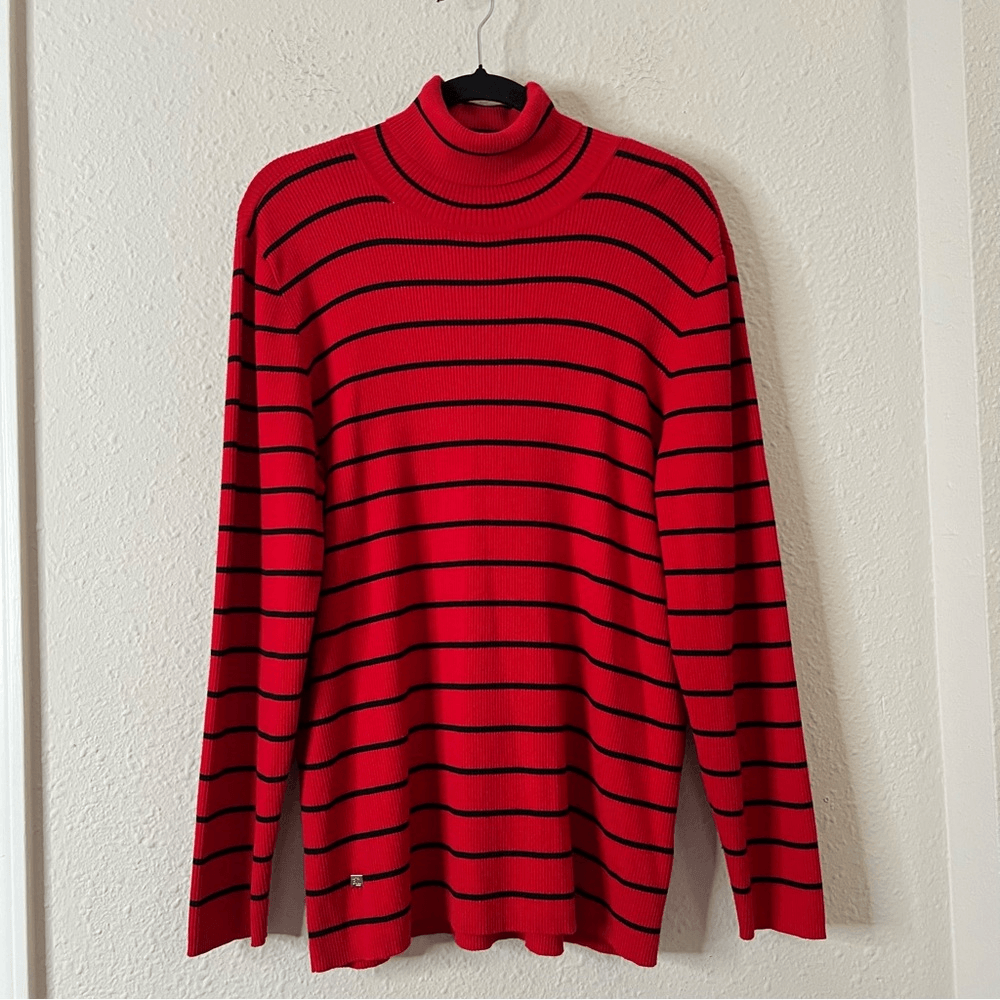 Lauren Ralph Lauren Striped Cotton Blend Ribbed Turtleneck Sweater Red Size 3X
