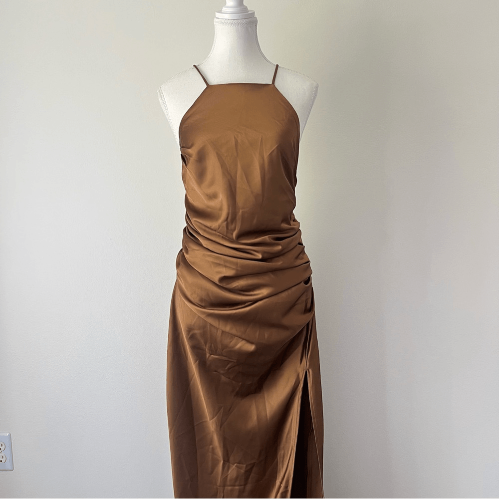Showpo Malornan High Neck Ruched Satin Maxi Dress in Coffee Size 10