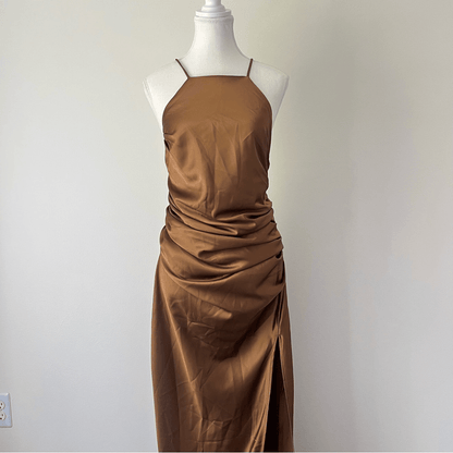 Showpo Malornan High Neck Ruched Satin Maxi Dress in Coffee Size 10