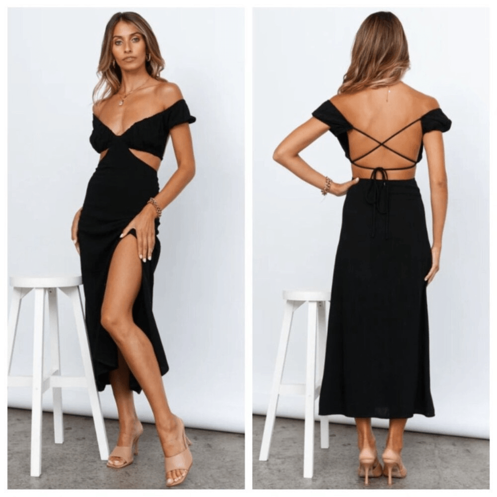 Hello Molly In Your Eyes Black Linen Cut Out Off Shoulder Maxi Dress Small