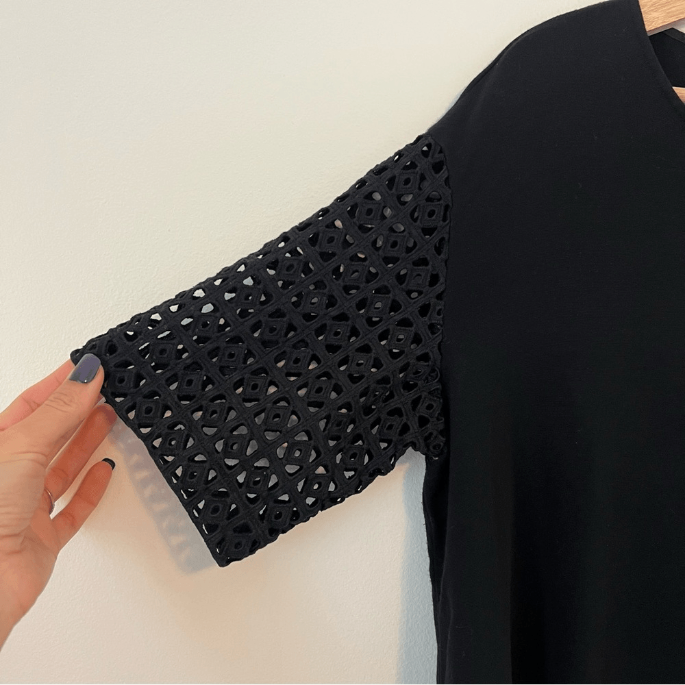 LAFAYETTE 148 Eyelet Sleeve Knit Top Black Lyocell Blend Boxy Fit