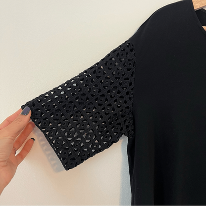 LAFAYETTE 148 Eyelet Sleeve Knit Top Black Lyocell Blend Boxy Fit