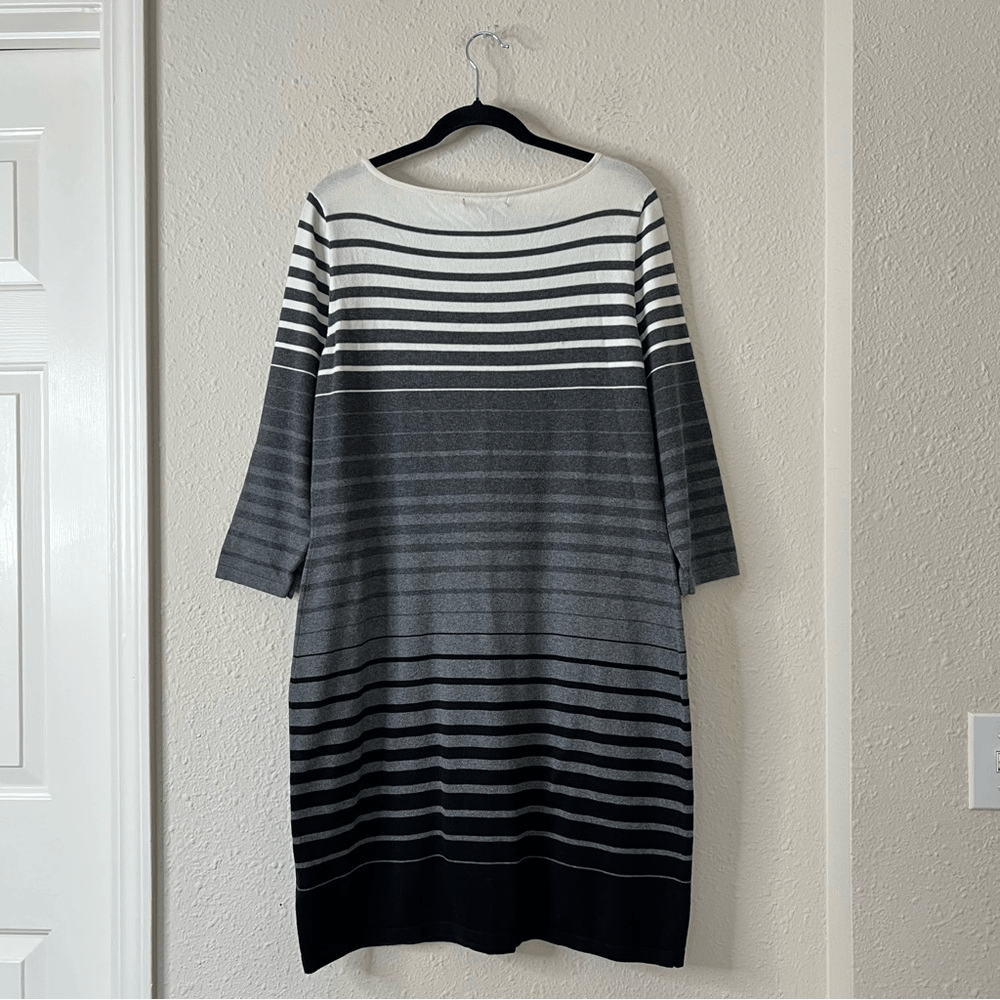 Lauren Ralph Lauren Black Gray & White Stripe 3/4 Sleeve Sweater Dress Size XL