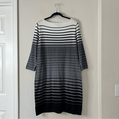 Lauren Ralph Lauren Black Gray & White Stripe 3/4 Sleeve Sweater Dress Size XL