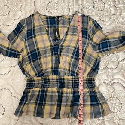 Express Plaid Surplice Peplum Top Blouse NEW Size Medium