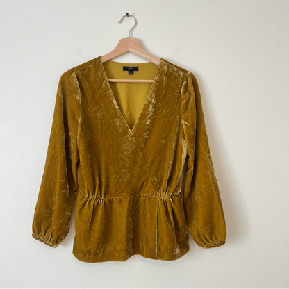 J. Crew Faux Wrap Velvet Long Sleeve Blouse Size 2 in Mustard Yellow