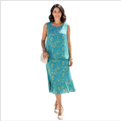 Terry Lewis Peacock Floral 100% Silk Top Midi Skirt Set NEW Plus Size 2X