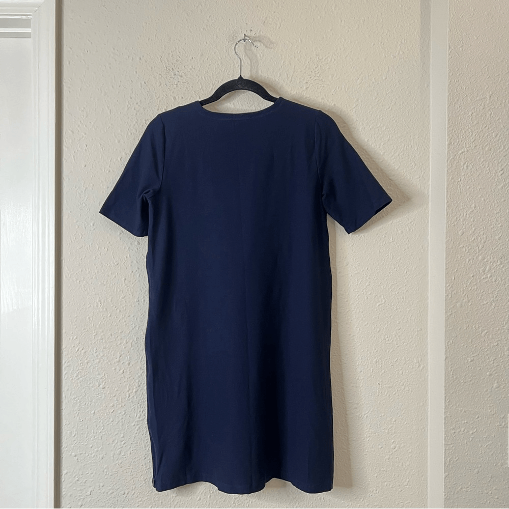 EILEEN FISHER Navy Washable Stretch Crepe Side Zip Shift Dress Medium Petite