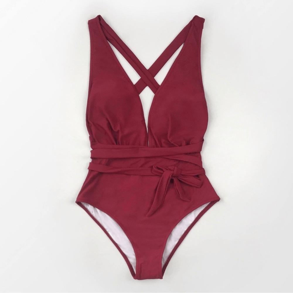 CUPSHE One Piece Swimsuit Deep V Neck Tie Waist Crisscross Back NEW Size Small