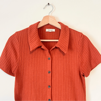Madewell Ribbed Polo Button-Front Tee in Rust Size Small Short Sleeve