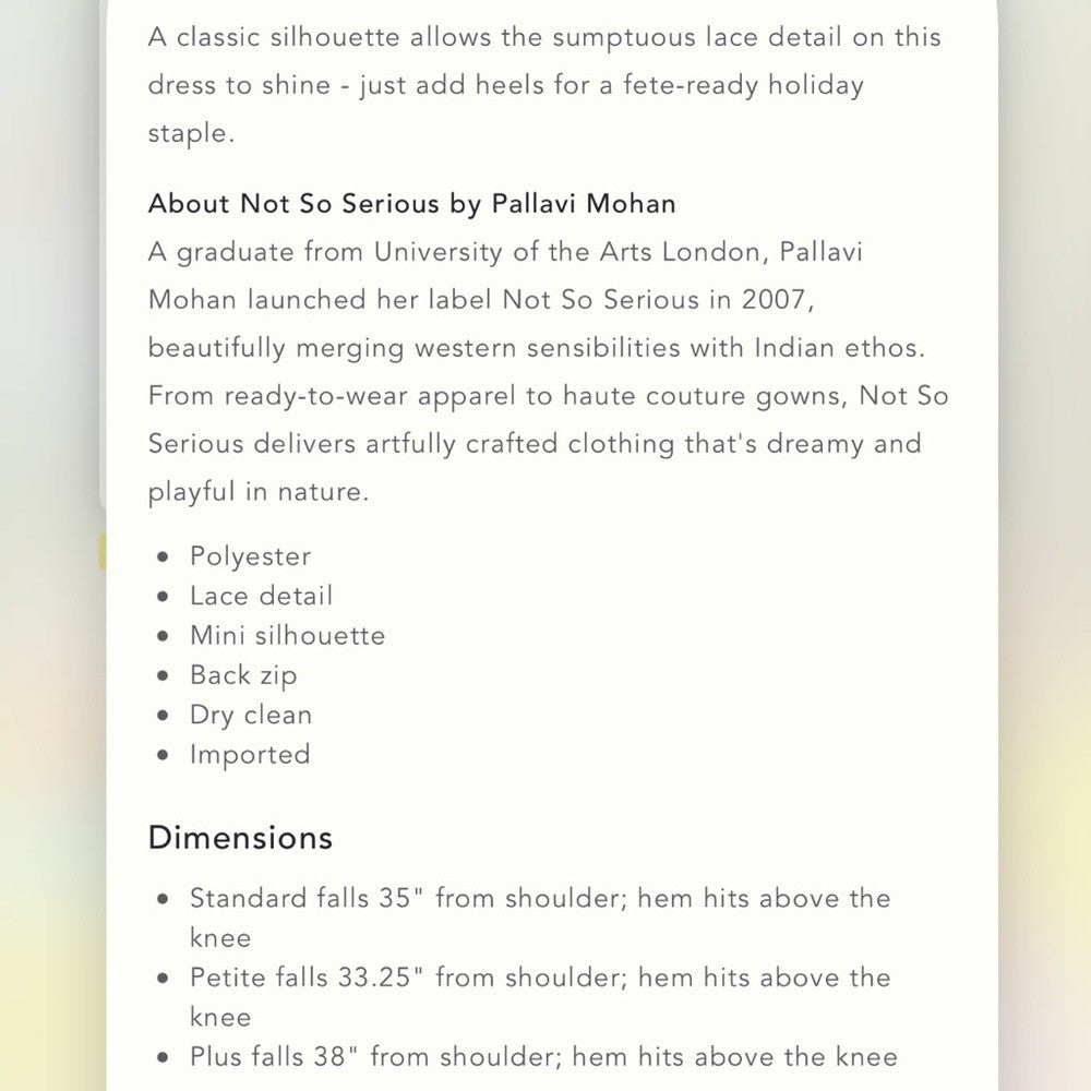 Anthropologie Not So Serious by Pallavi Mohan Lace Mini Dress NEW Plus Size 16W