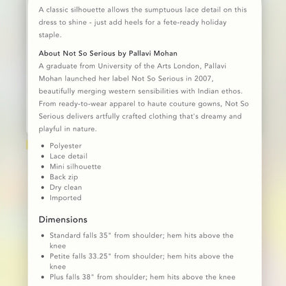 Anthropologie Not So Serious by Pallavi Mohan Lace Mini Dress NEW Plus Size 16W