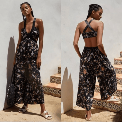 Anthropologie The Brinley V-Neck Floral Black Jumpsuit NEW Size Small