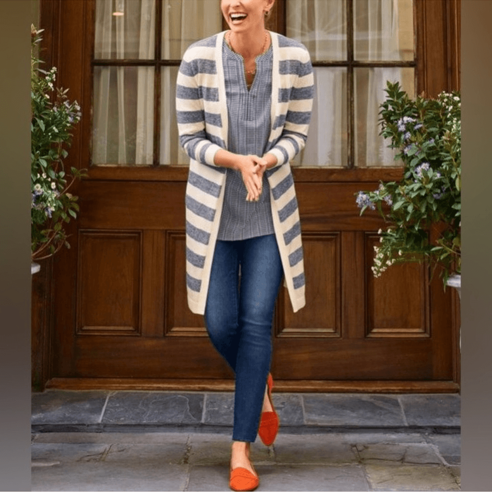 Talbots Striped Blue White Marled Longline Duster Cardigan Pima Cotton Size SP