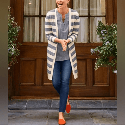 Talbots Striped Blue White Marled Longline Duster Cardigan Pima Cotton Size SP