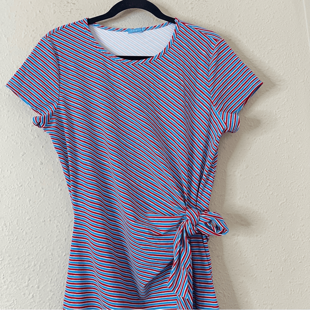 J. McLaughlin Elora Side Tie Dress Catalina Cloth Red Blue Stripe Size XL
