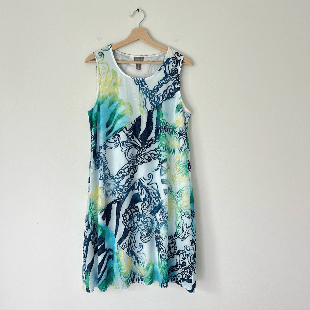 Chico's Blue and Green Patterned Mini Tunic Dress with Jacket Size 2 / L