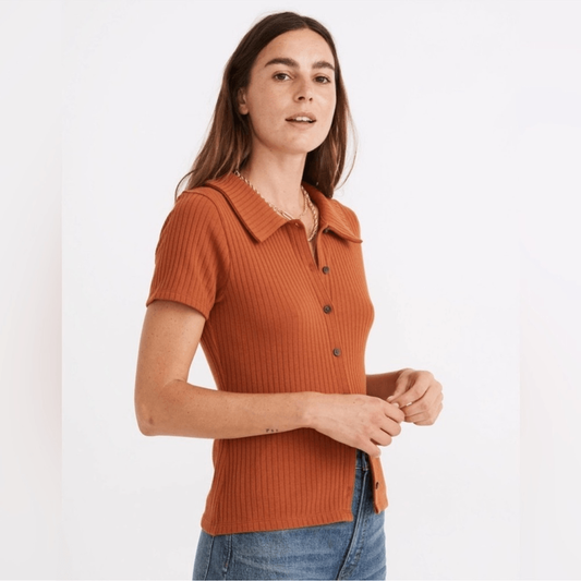 Madewell Ribbed Polo Button-Front Tee in Rust Size Small Short Sleeve