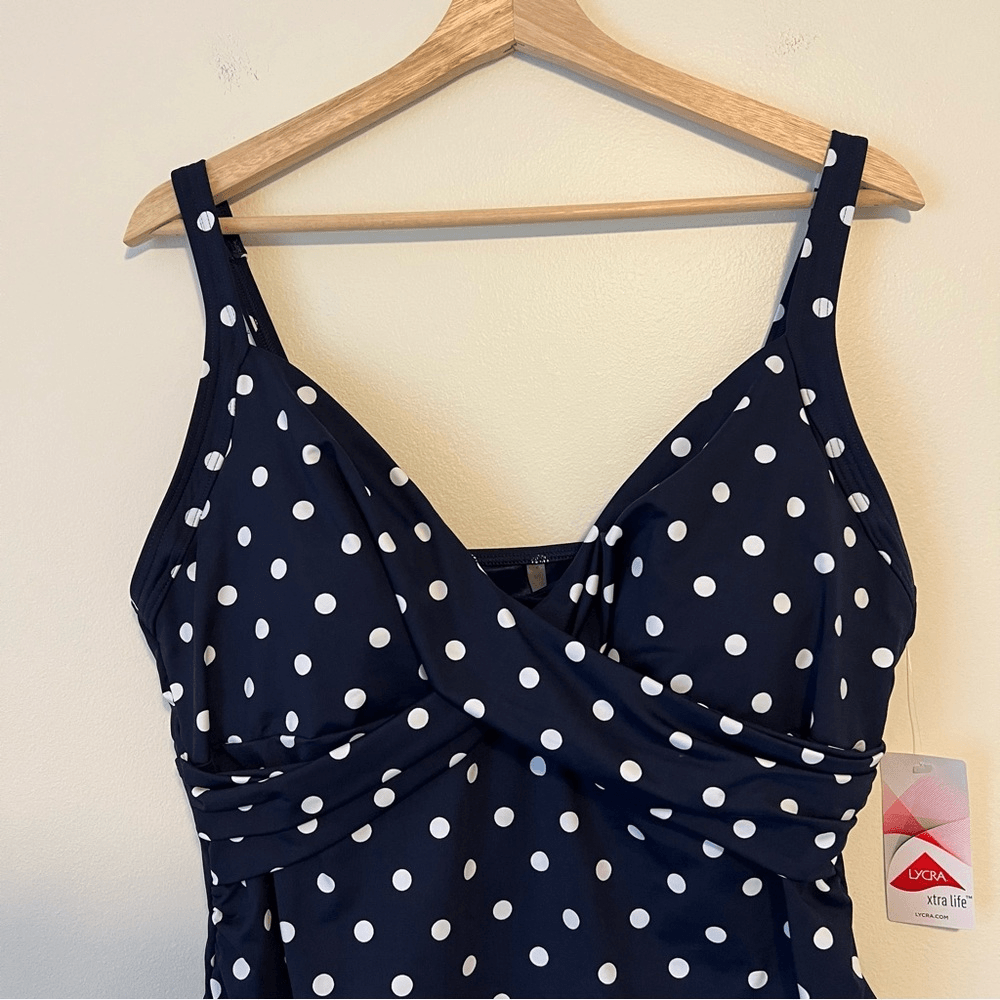 Lands' End Polka Dot Tankini Top Navy Blue NEW Size 16