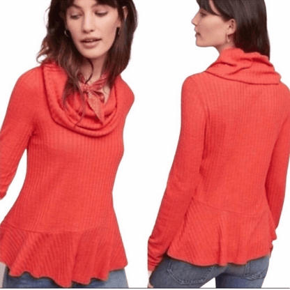 Anthropologie Maeve Coral Waffle Knit Peplum Winterscape Cowl Neck Size Large