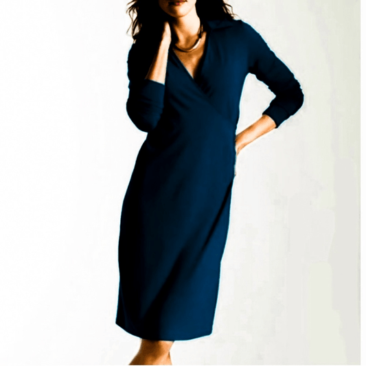 J. Jill Wearever Black Dress Long Sleeve Faux Wrap Size Medium Knee Length