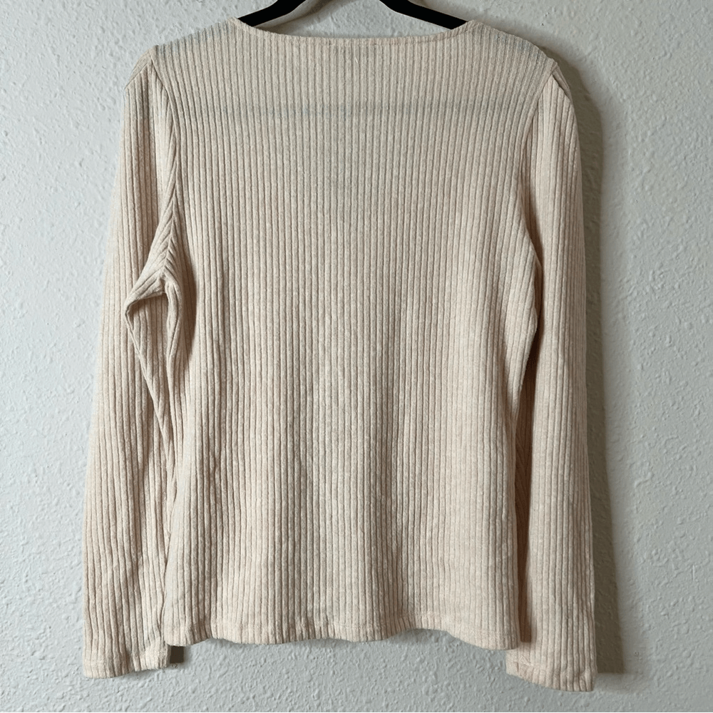 J. Crew Puff Sleeve V-Neck Soft Ribbed Long Sleeve Top NEW Size Large
