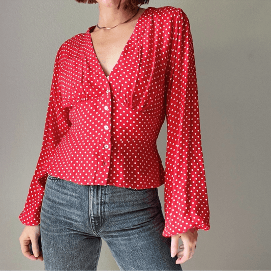 Free People Love Street Red White Polka Dot Long Sleeves Blouse M Retro Romantic