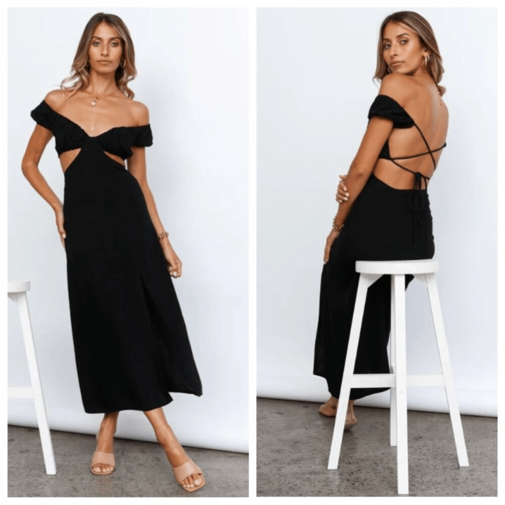 Hello Molly In Your Eyes Black Linen Cut Out Off Shoulder Maxi Dress Small