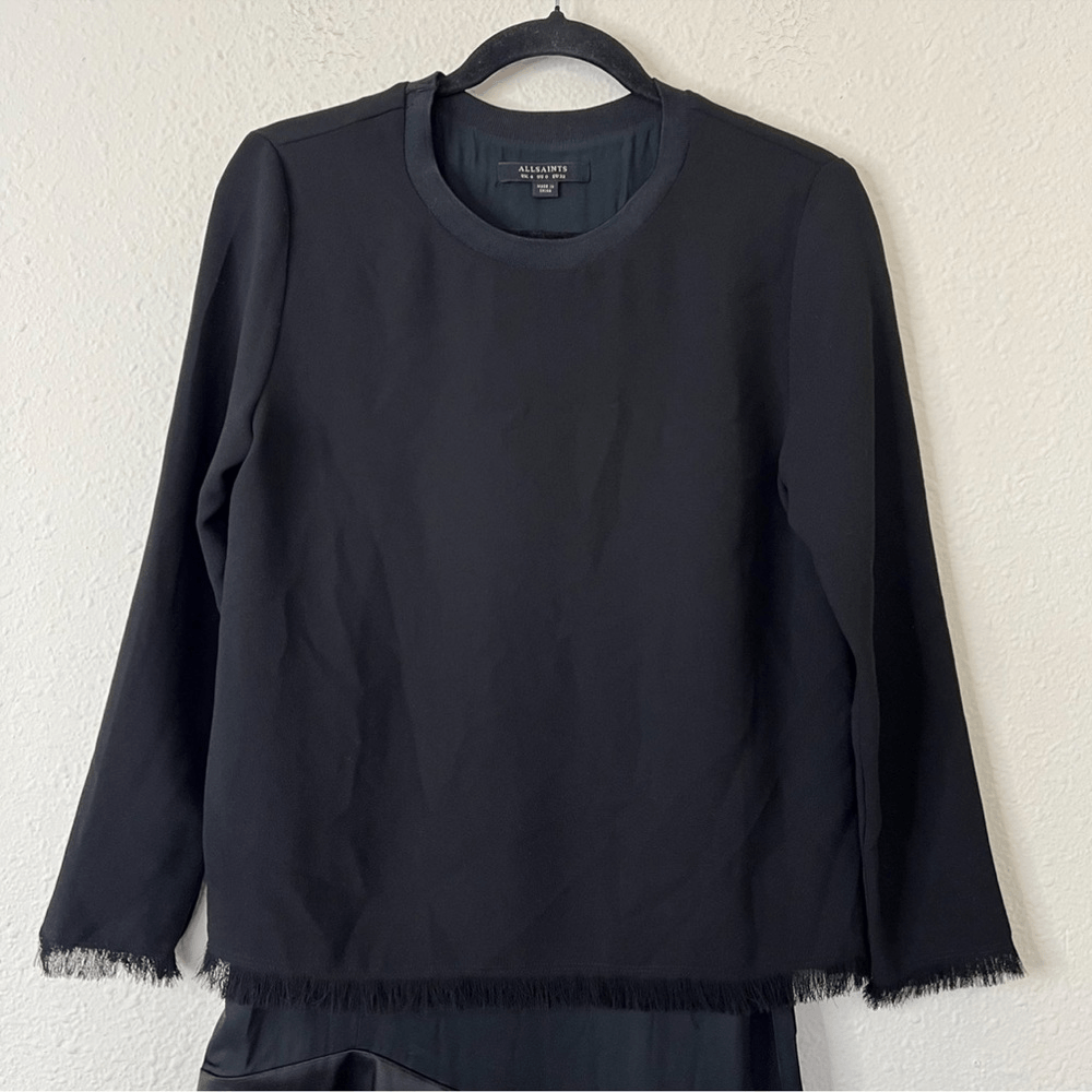 All Saints Long Sleeve Black Mini Dress Layered Asymmetrical Hem Size 0