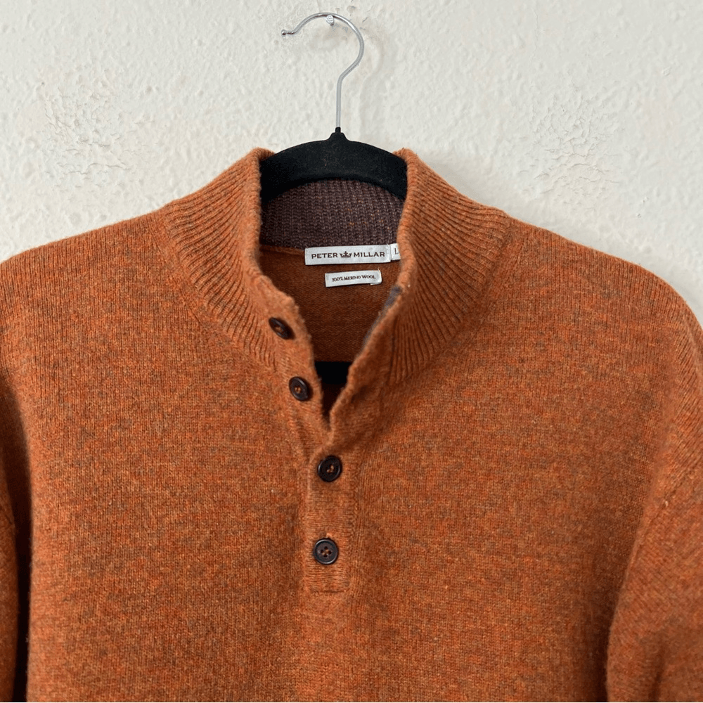Peter Millar 100% Merino Wool Sweater Size Large Buttoned Mock Neck Burnt Orange