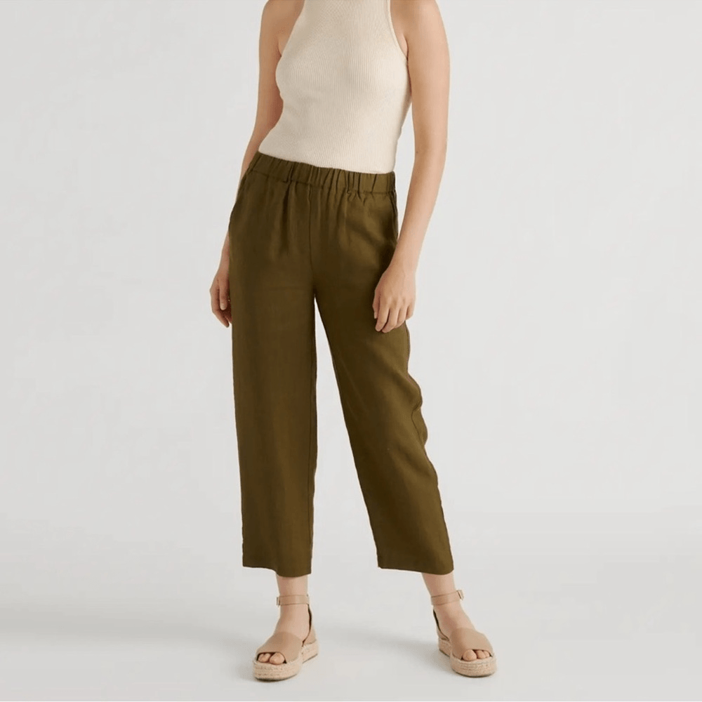 Quince 100% European Linen Cropped Pants NEW Size Medium Olive Green Pull on