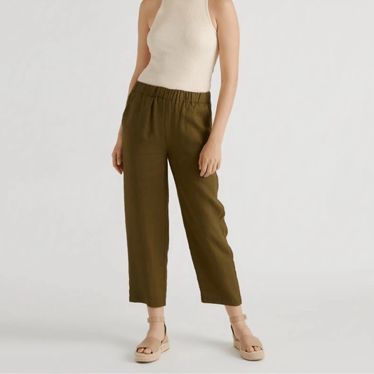Quince 100% European Linen Cropped Pants NEW Size Medium Olive Green Pull on