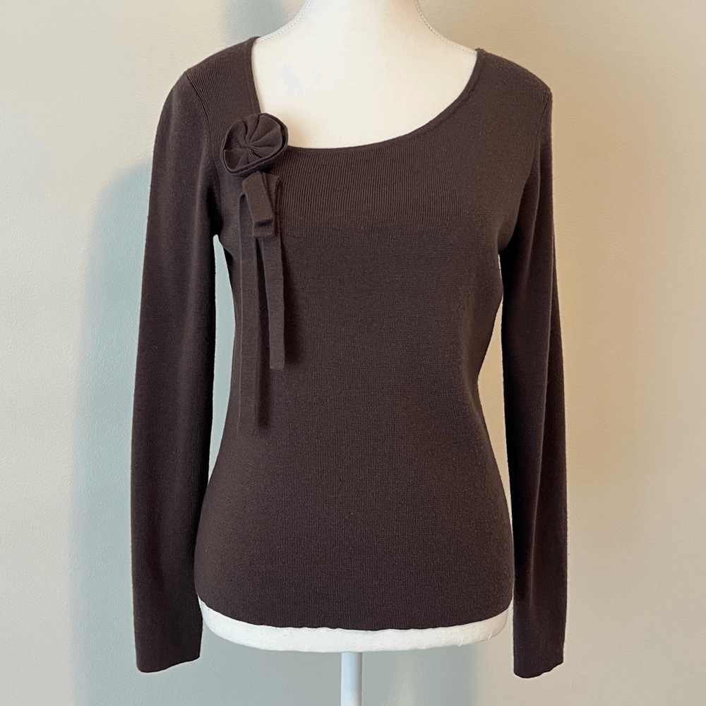 Ann Taylor LOFT Merino Wool Cashmere Blend Dark Chocolate Brown Knit Top Medium