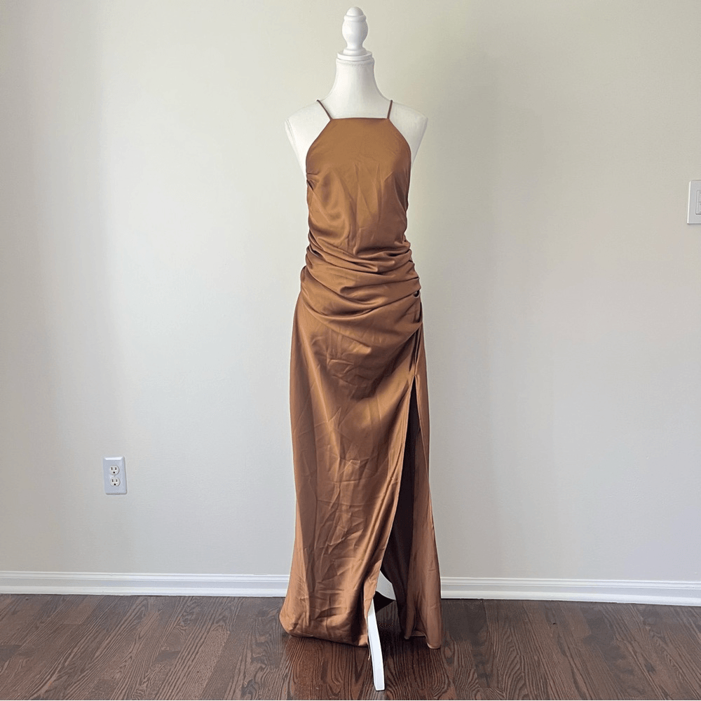 Showpo Malornan High Neck Ruched Satin Maxi Dress in Coffee Size 10