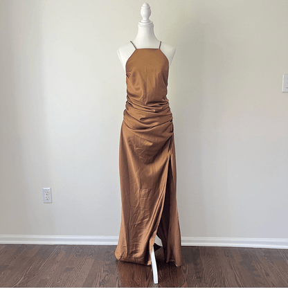 Showpo Malornan High Neck Ruched Satin Maxi Dress in Coffee Size 10