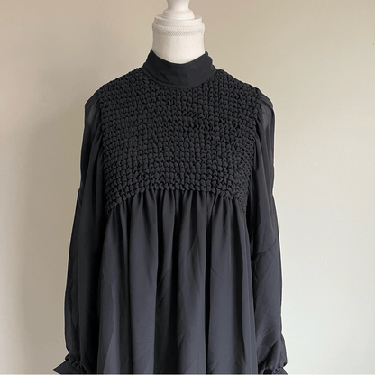 GANNI Smocked Bib Long Sleeve Chiffon Mini Dress NEW EU 42 (US 10/12)