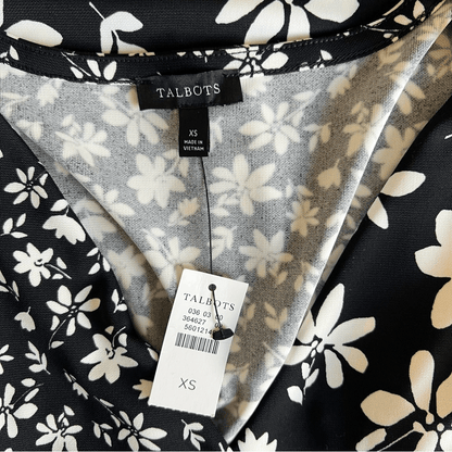 Talbots Bicolor Ditsy Wrap Jersey Black and White Floral Dress NEW Size XS