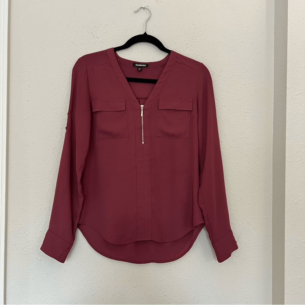 Express Long Sleeve V Neck Zip Front Shirt Blouse Size XS
