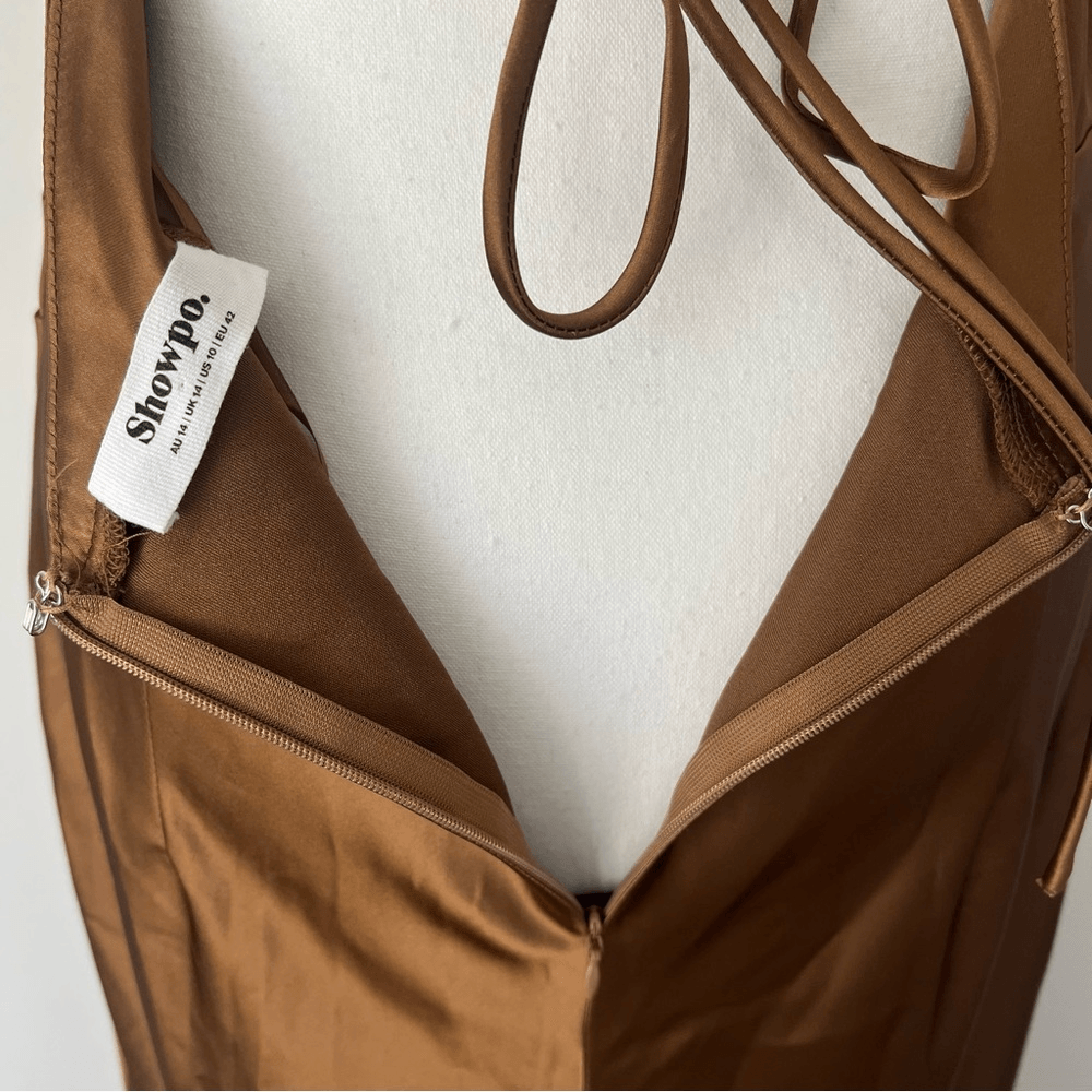 Showpo Malornan High Neck Ruched Satin Maxi Dress in Coffee Size 10