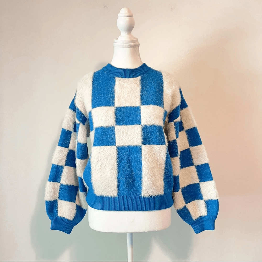 FRNCH Lio Cozy Fuzzy Sweater Blue White Abstract Colorblock Size Small