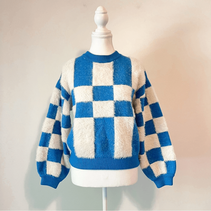 FRNCH Lio Cozy Fuzzy Sweater Blue White Abstract Colorblock Size Small