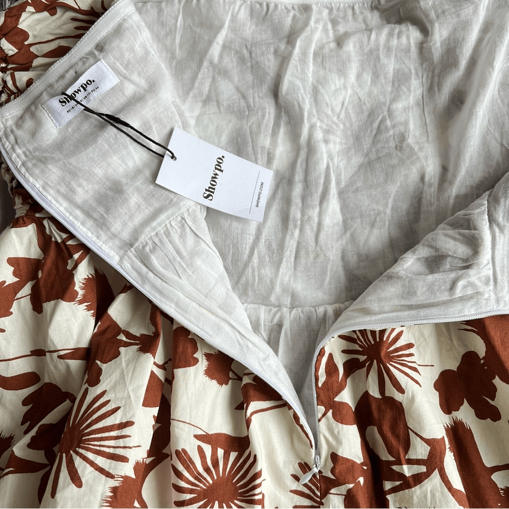 Showpo Evita Floral Midi Dress Ruched High Split Strapless NEW Size 14