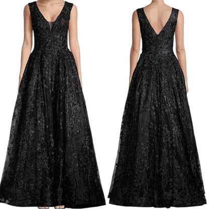 Mac Duggal Floral Embroidered Illusion V-Neck Gown Black Maxi Dress NEW Size 2