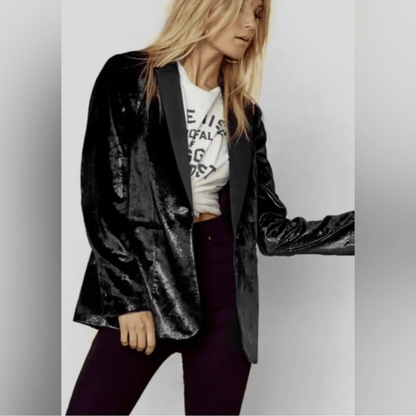 FRAME Black Metallic Velvet Satin Blazer Jacket Size 2 Party Cocktail