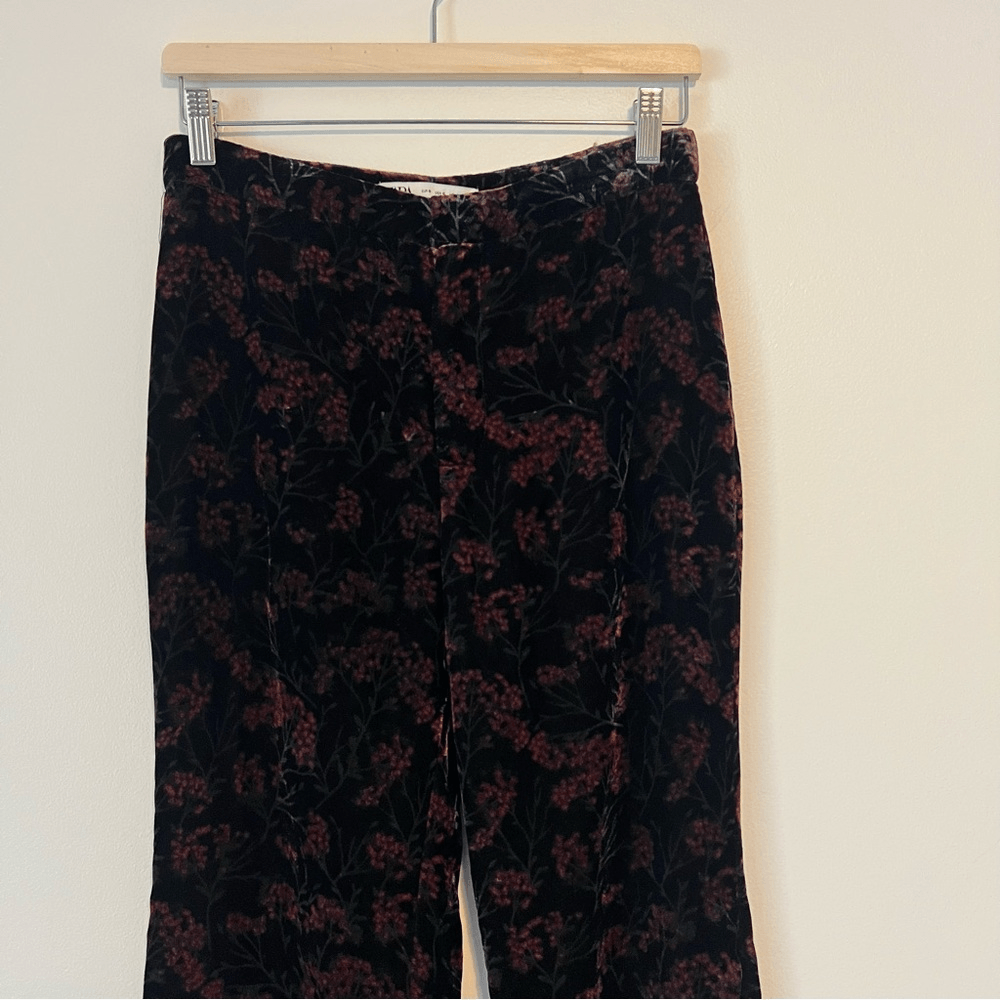 Zara The Charlotte Wide Leg Flare Floral Velvet Trouser  Pants Size Small