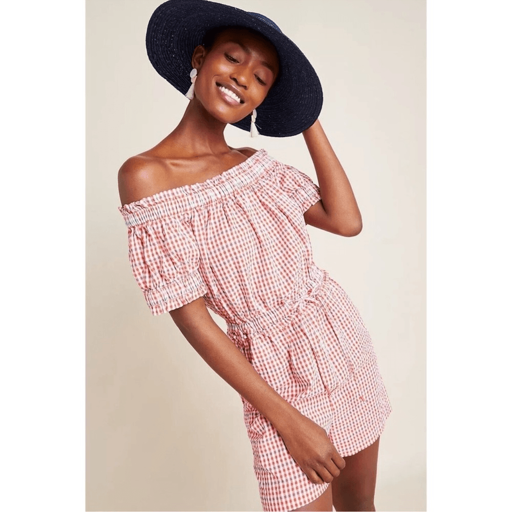 Anthropologie Gingham Off the Shoulder Seersucker Romper Size Medium